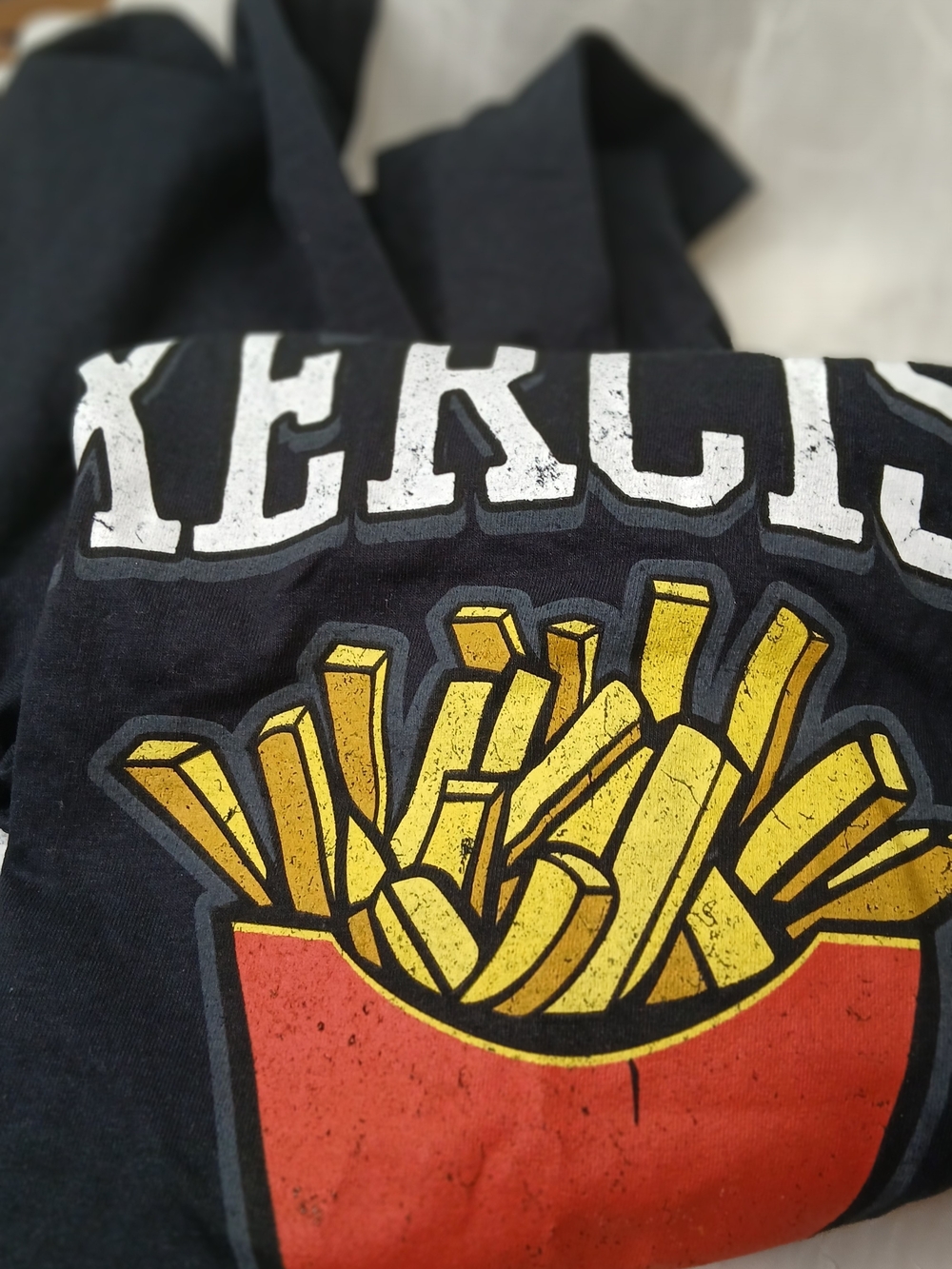 Black Graphic Tee with Yellow & Red Fries Print
